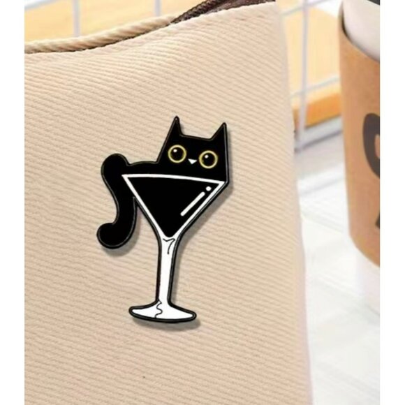 Cartoon Cat In Martini Glass Animal Black White Enamel Pin, - Perfect Gift - Picture 2 of 4